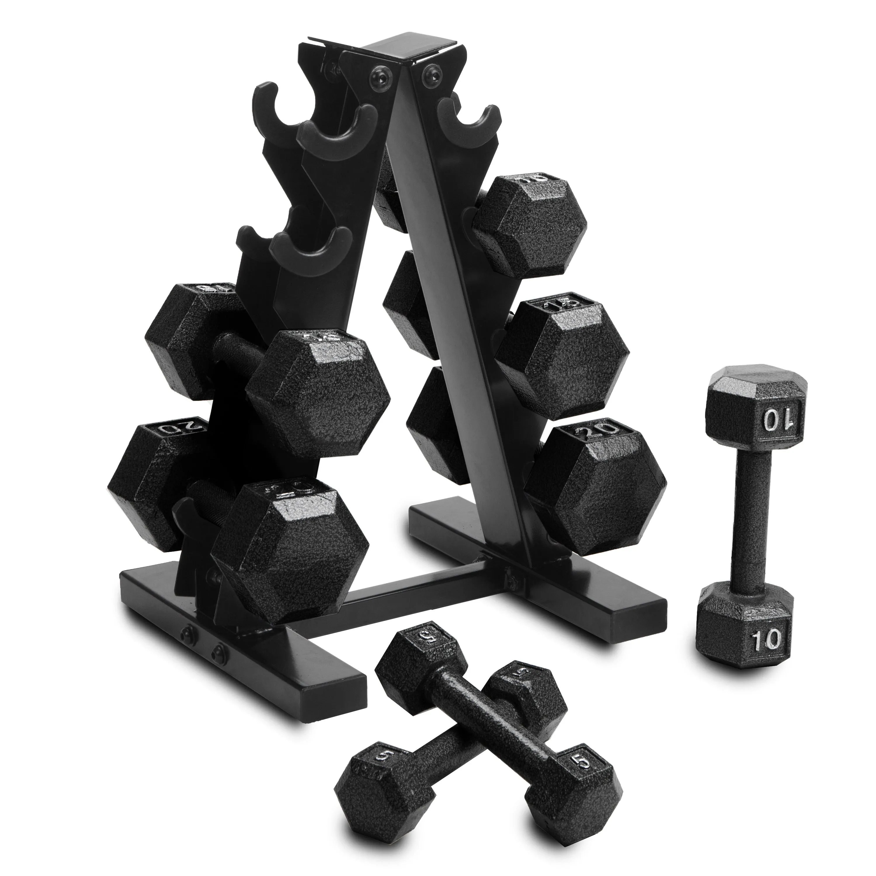 100 lb Cast Iron Hex Dumbbell Weight Set with Rack