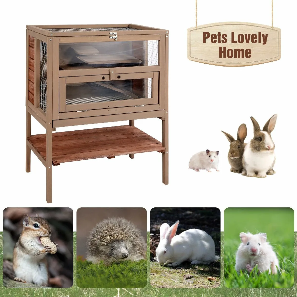 3-Tier Hamster Cage Wooden, Guinea Pig Cage Small Animals Hutch