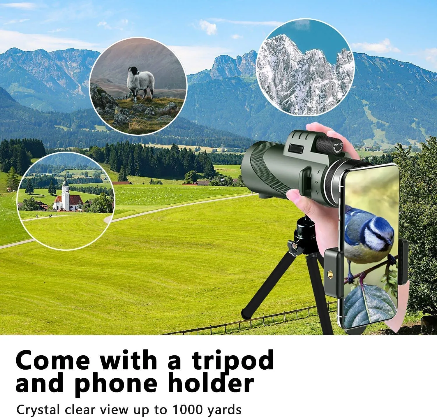 80x100 Monocular-Telescope Monoculars for Adults High Powered with Smartphone Adapter Telescope Hunting Wildlife Bird Watching Travel Camping Hiking