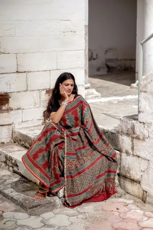 A trsyt with Ajrakh -Jharokha -Geometric Blue and Red Chanderi ajrakh saree