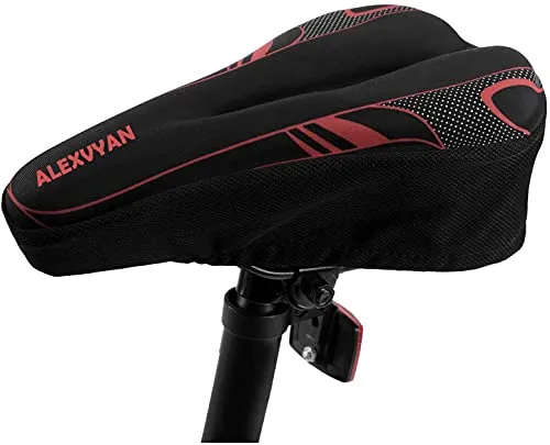 AlexVyan Soft Bicycle Silicone Gel Saddle Cover ( 11*7.5 Inch) Cycling Cushion Pad City Cycle Seat Cover Gym Cycle Gel Cover -Fits Narrow/Slim Seats (Black and Red)