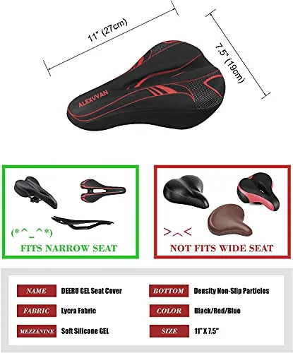 AlexVyan Soft Bicycle Silicone Gel Saddle Cover ( 11*7.5 Inch) Cycling Cushion Pad City Cycle Seat Cover Gym Cycle Gel Cover -Fits Narrow/Slim Seats (Black and Red)