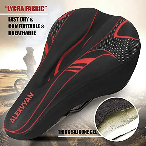 AlexVyan Soft Bicycle Silicone Gel Saddle Cover ( 11*7.5 Inch) Cycling Cushion Pad City Cycle Seat Cover Gym Cycle Gel Cover -Fits Narrow/Slim Seats (Black and Red)