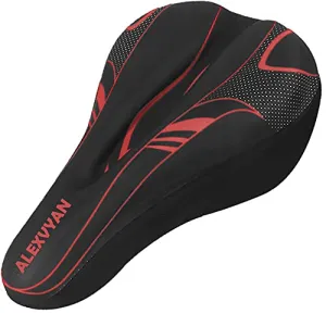 AlexVyan Soft Bicycle Silicone Gel Saddle Cover ( 11*7.5 Inch) Cycling Cushion Pad City Cycle Seat Cover Gym Cycle Gel Cover -Fits Narrow/Slim Seats (Black and Red)