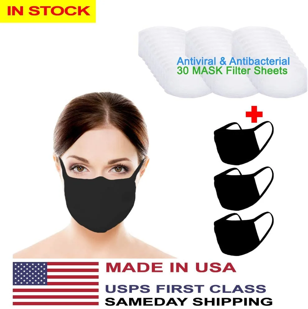 Amba7 MADE IN USA Reusable Breathable Cloth Face Mask - Machine Washable, Non-Surgical Double Layer Anti-Dust Protection, Unisex - For Home, Office, Travel, Camping, or Cycling - 3 Pack With Filters (30 PCS) (In Stock)