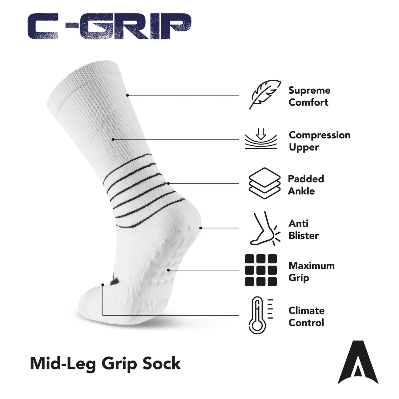 Atak C-Grip Mid Length Grip Socks White