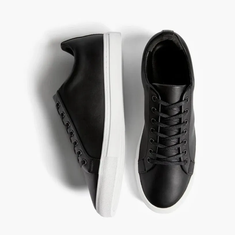 Black Leather Low Top Lace Up Sneakers with White Sole - Sneaker Shoes
