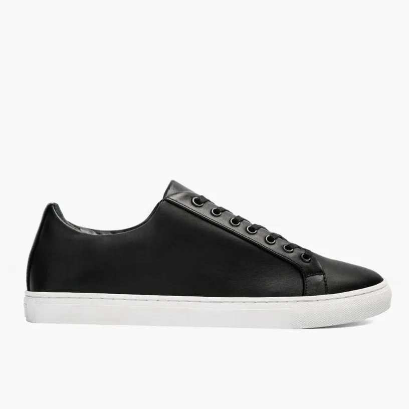 Black Leather Low Top Lace Up Sneakers with White Sole - Sneaker Shoes