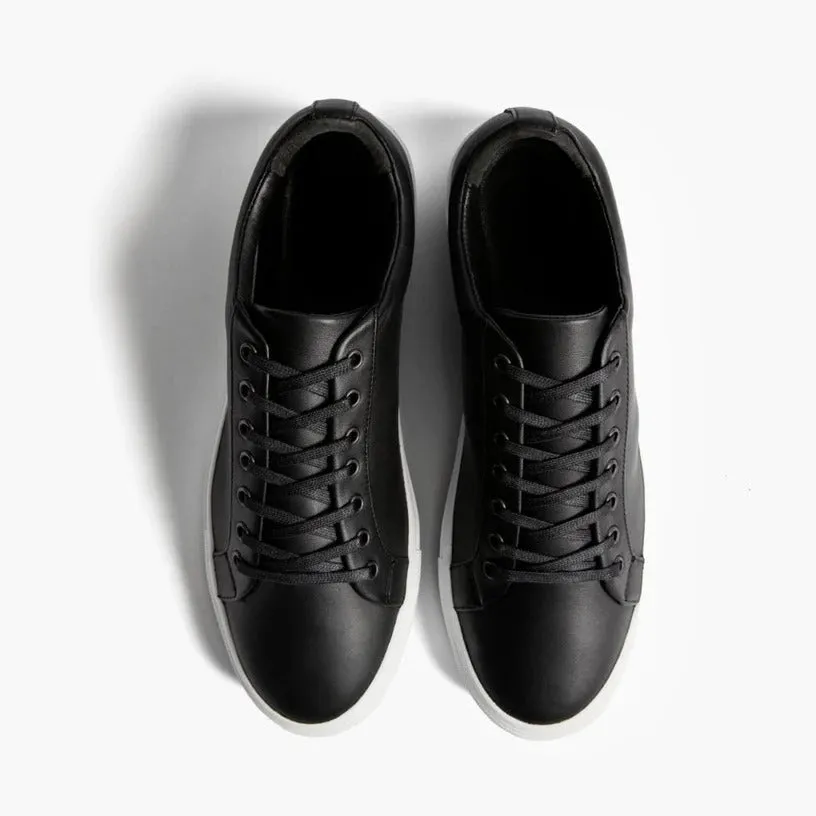 Black Leather Low Top Lace Up Sneakers with White Sole - Sneaker Shoes