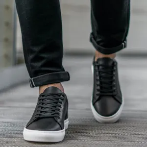 Black Leather Low Top Lace Up Sneakers with White Sole - Sneaker Shoes