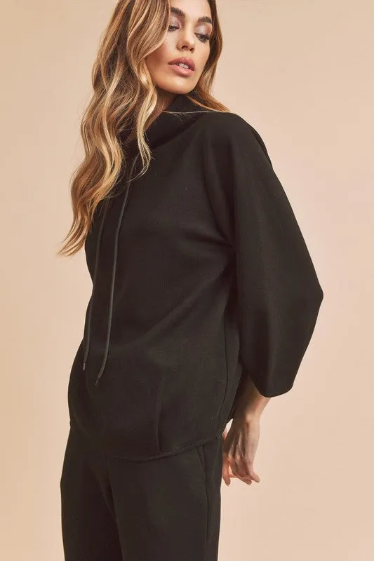 Black Lightweight Drawstring Mock Neck Sweatshirt