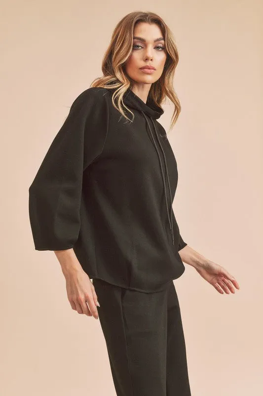 Black Lightweight Drawstring Mock Neck Sweatshirt
