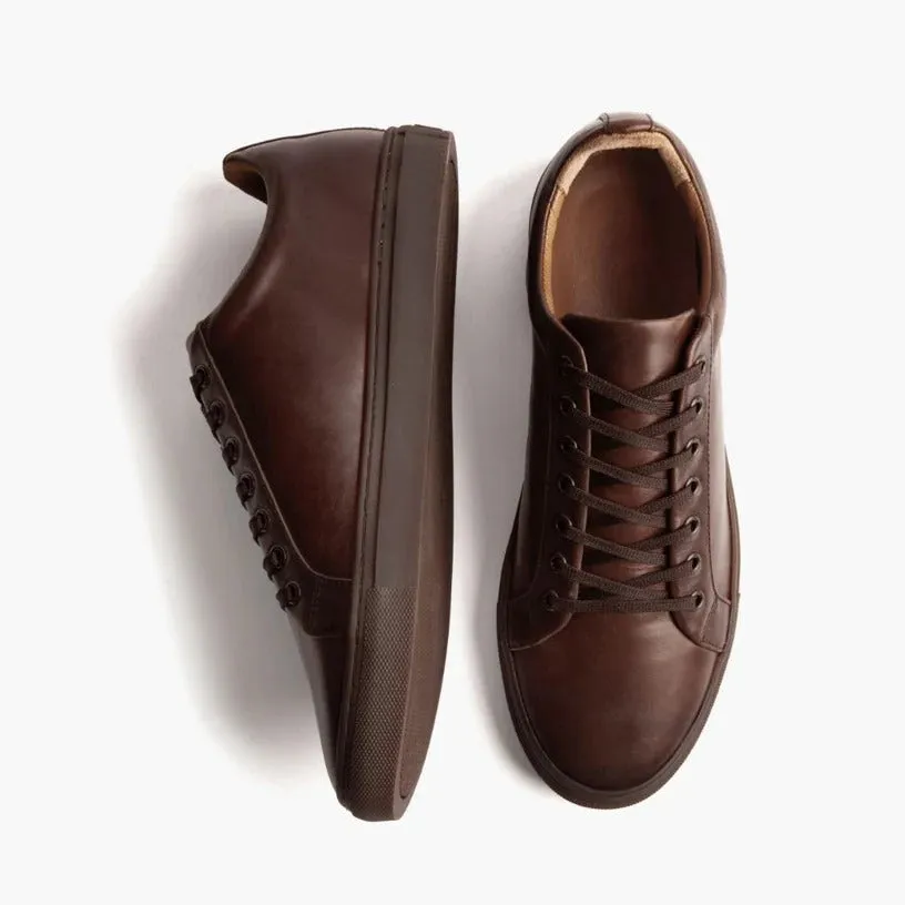 Brown Leather Low Top Lace Up Sneakers with Brown Sole - Sneaker Shoes