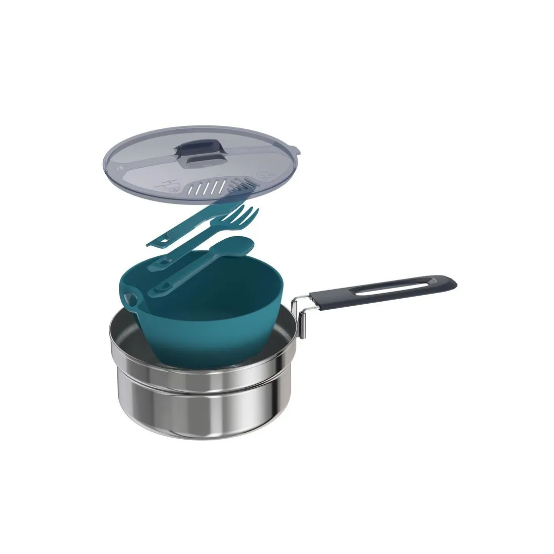 Camping and bivouacking cooking set in stainless steel 100 - 1 person - 6 items.