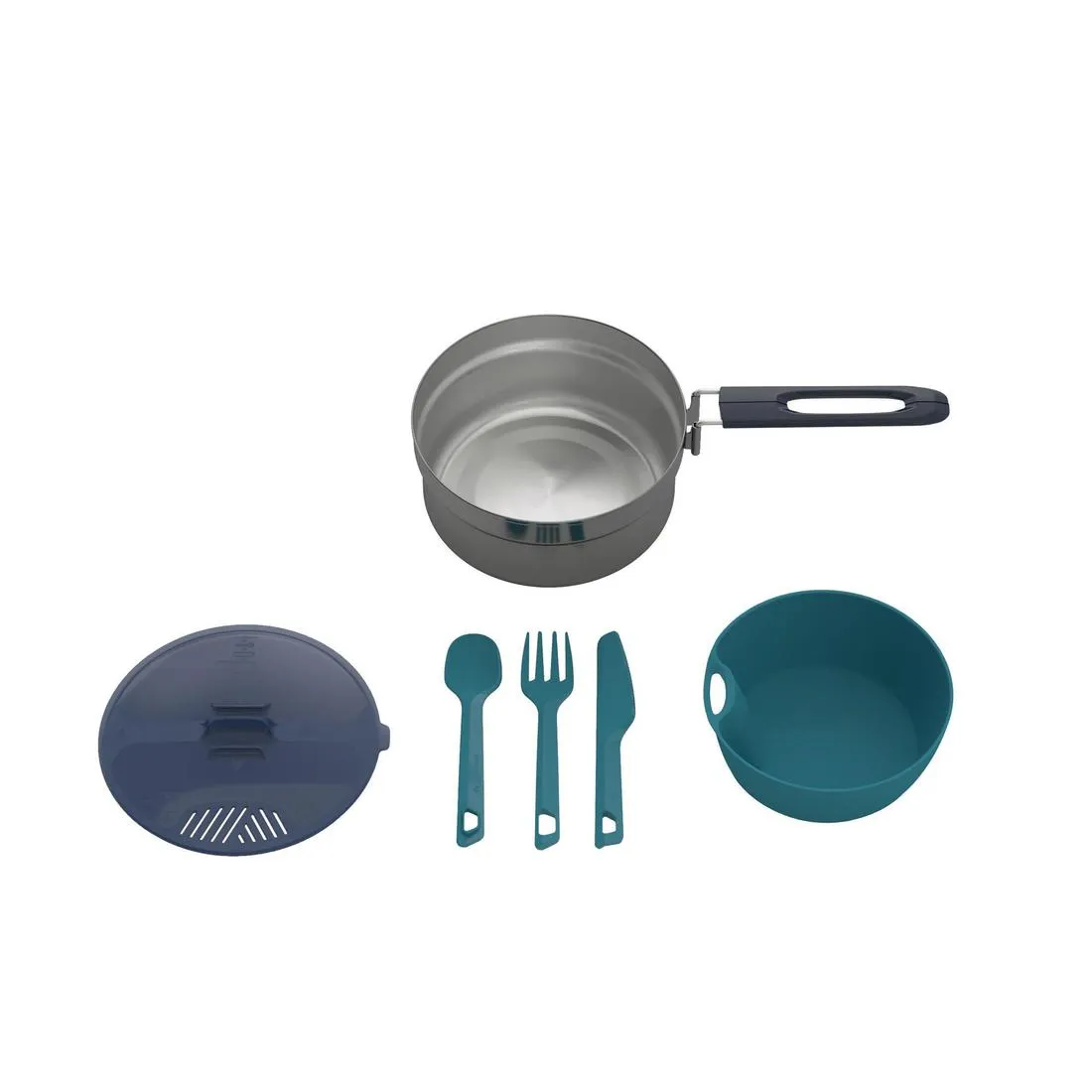 Camping and bivouacking cooking set in stainless steel 100 - 1 person - 6 items.