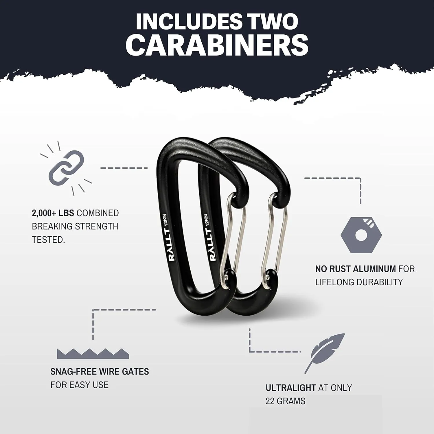 Carabiners 12Kn- Heavy Duty Carabiner Clip for Hiking, Hammock, Backpacking- Lightweight, No Rust Aluminum Camping Accessories