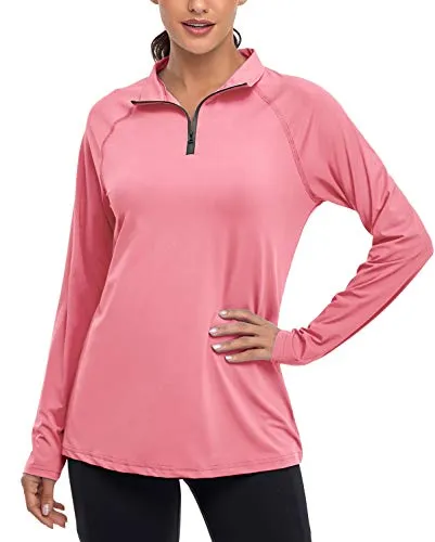 Cestyle Workout Tops for Women, Long Sleeve SPF 50  Ladies Hiking Wear Excellent Sun Protection Lightweight Pullover Athletic Cooling Sport Shirts Outdoor Clothes Pink Large