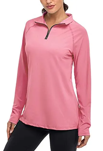 Cestyle Workout Tops for Women, Long Sleeve SPF 50  Ladies Hiking Wear Excellent Sun Protection Lightweight Pullover Athletic Cooling Sport Shirts Outdoor Clothes Pink Large