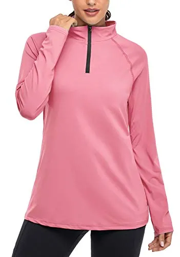 Cestyle Workout Tops for Women, Long Sleeve SPF 50  Ladies Hiking Wear Excellent Sun Protection Lightweight Pullover Athletic Cooling Sport Shirts Outdoor Clothes Pink Large