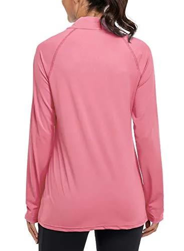 Cestyle Workout Tops for Women, Long Sleeve SPF 50  Ladies Hiking Wear Excellent Sun Protection Lightweight Pullover Athletic Cooling Sport Shirts Outdoor Clothes Pink Large