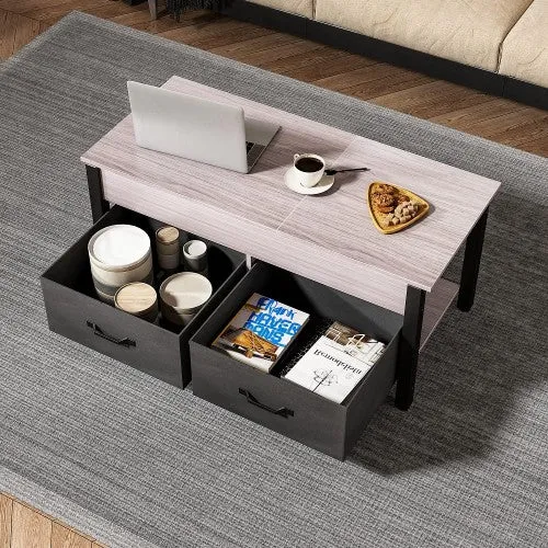 Elegant 2-Way Lift Top Coffee Table, Rustic Wood with Hidden Compartments, 2 Fabric Storage Baskets for Home, Living Room | Heavy Duty (Grey)