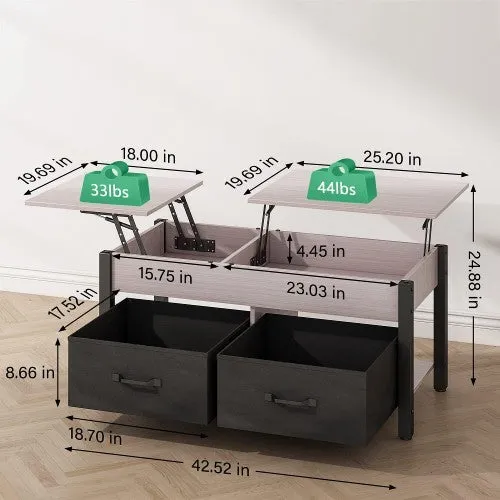 Elegant 2-Way Lift Top Coffee Table, Rustic Wood with Hidden Compartments, 2 Fabric Storage Baskets for Home, Living Room | Heavy Duty (Grey)