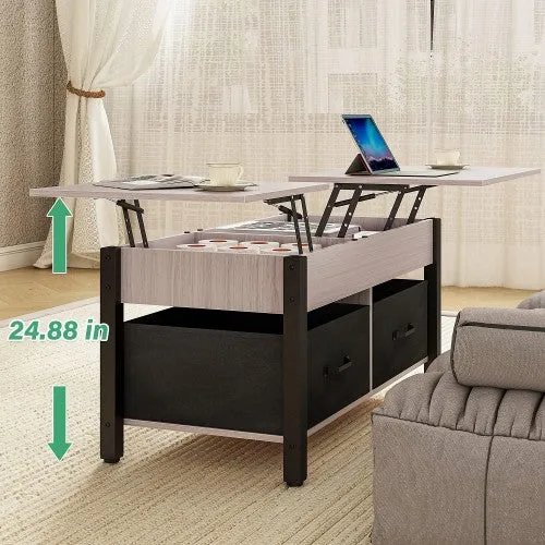 Elegant 2-Way Lift Top Coffee Table, Rustic Wood with Hidden Compartments, 2 Fabric Storage Baskets for Home, Living Room | Heavy Duty (Grey)