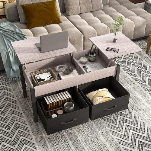 Elegant 2-Way Lift Top Coffee Table, Rustic Wood with Hidden Compartments, 2 Fabric Storage Baskets for Home, Living Room | Heavy Duty (Grey)