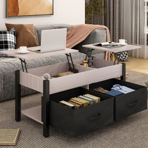 Elegant 2-Way Lift Top Coffee Table, Rustic Wood with Hidden Compartments, 2 Fabric Storage Baskets for Home, Living Room | Heavy Duty (Grey)