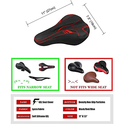 FABSPORTS Premium Microfiber Bicycle Saddle Pad, Extra Gel Cushion Bike Seat Cover Fits Narrow/Slim Seats (Red, 11x7.5 Inch)