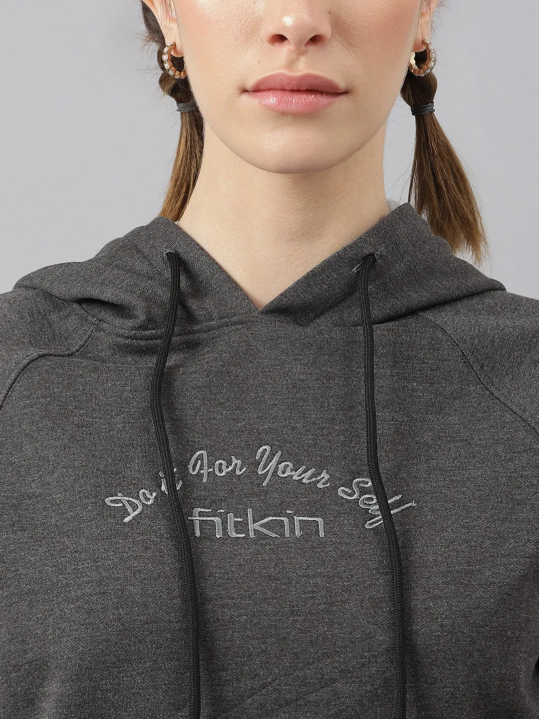 Fitkin Women Grey Fleece Regular Fit Hooded Sweatshirt