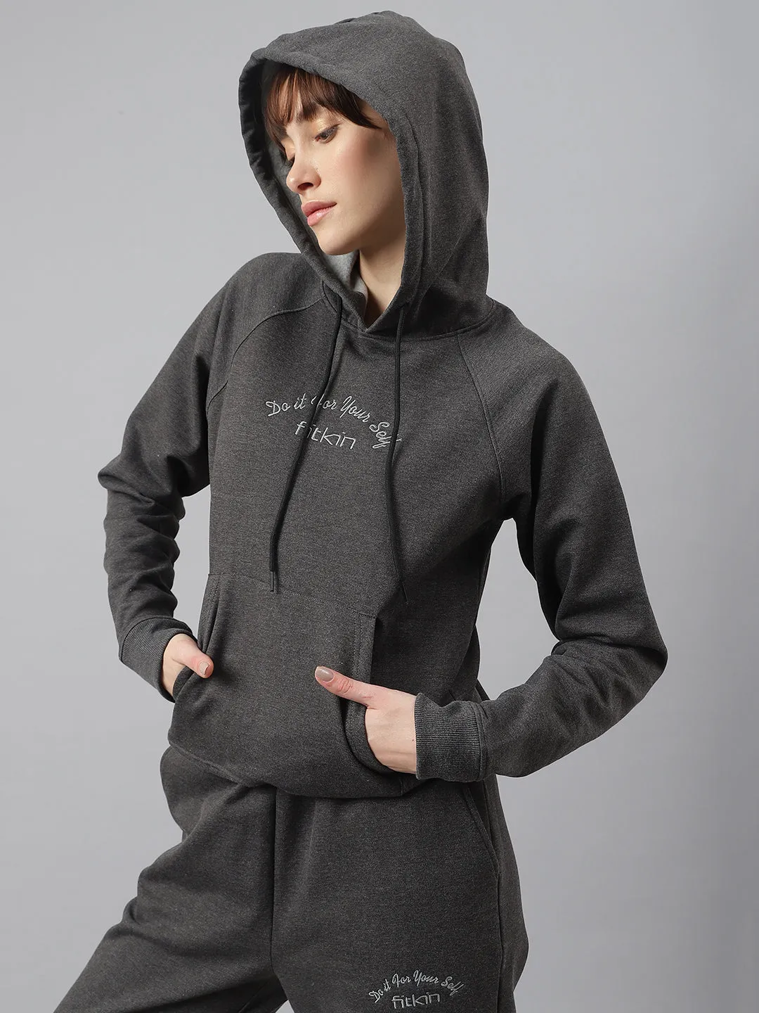 Fitkin Women Grey Fleece Regular Fit Hooded Sweatshirt
