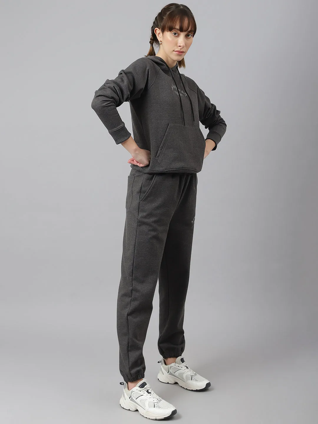 Fitkin Women Grey Fleece Regular Fit Hooded Sweatshirt