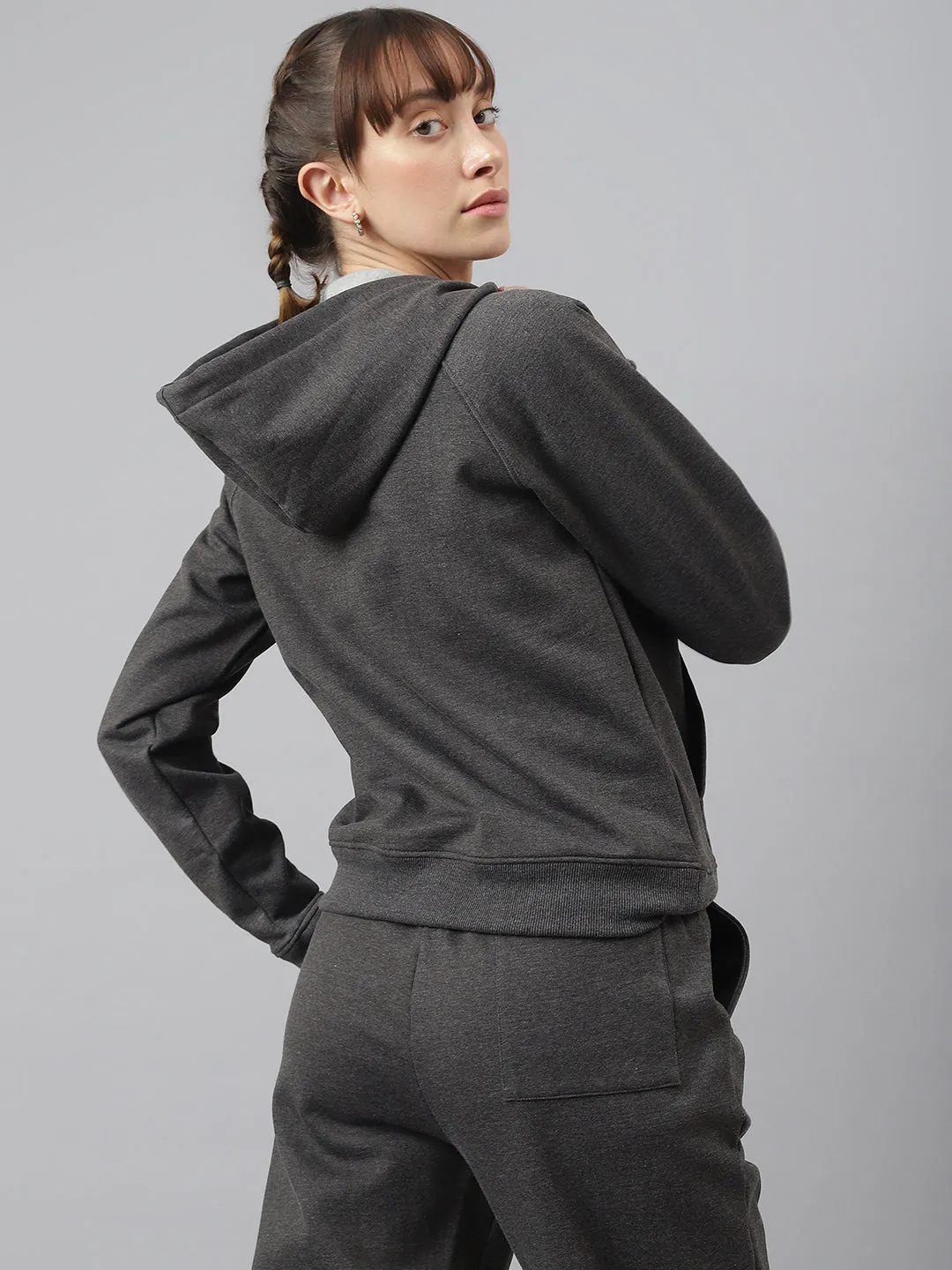 Fitkin Women Grey Fleece Regular Fit Hooded Sweatshirt