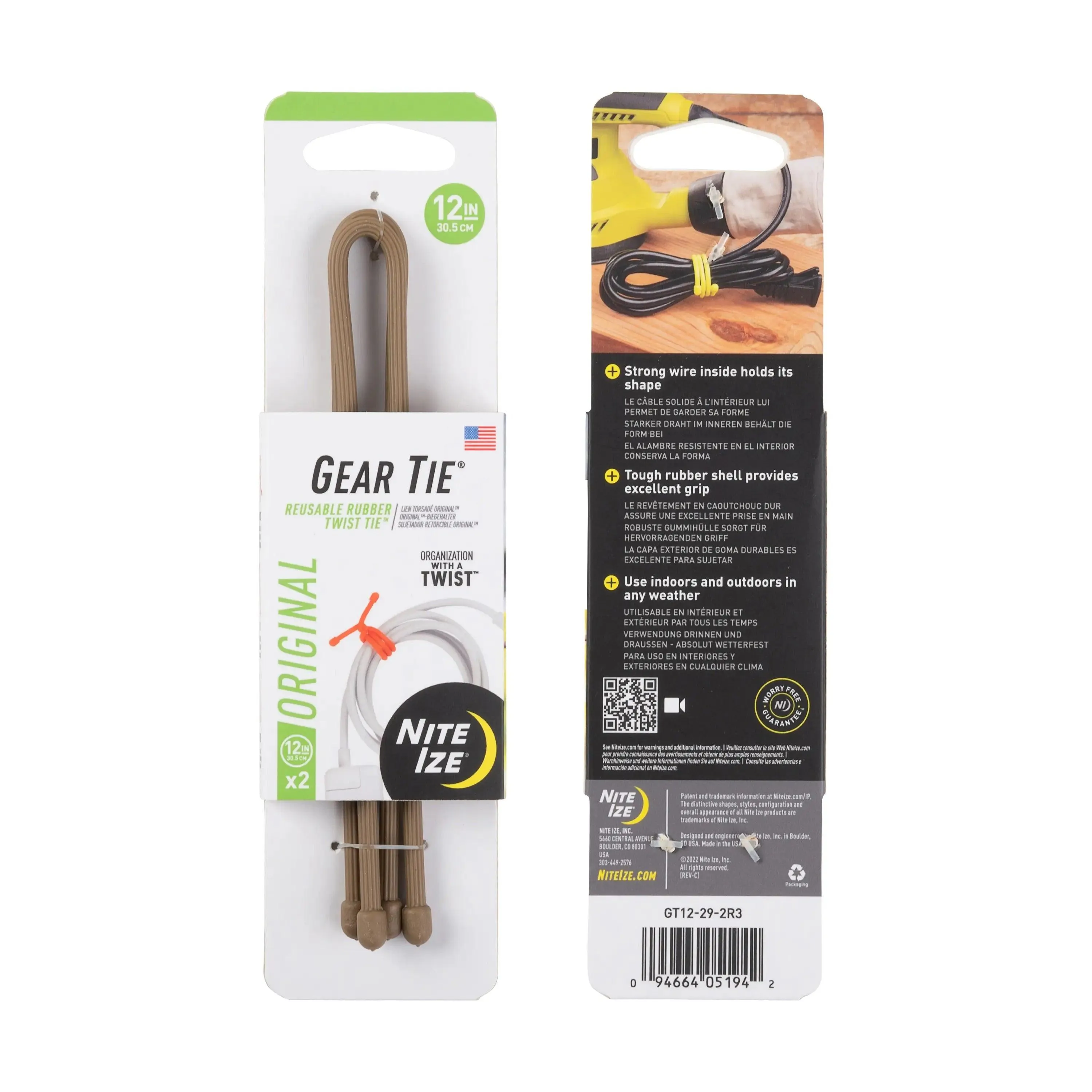 GEAR TIE REUSABLE RUBBER TWIST TIE(TM) (2pcs), Coyote - length 12"