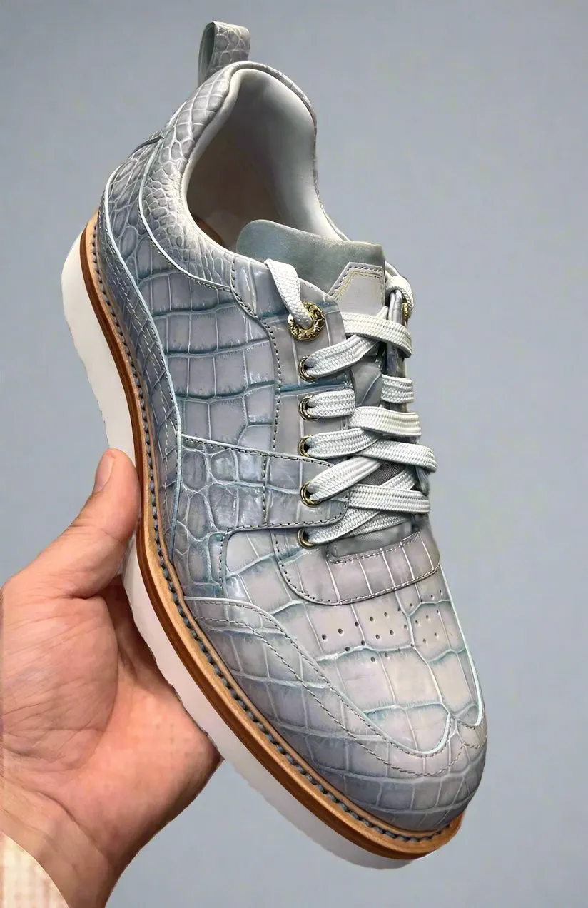 Grey Alligator Leather Low Top Lace Up Running Sneakers With White Sole - Sneaker Shoes