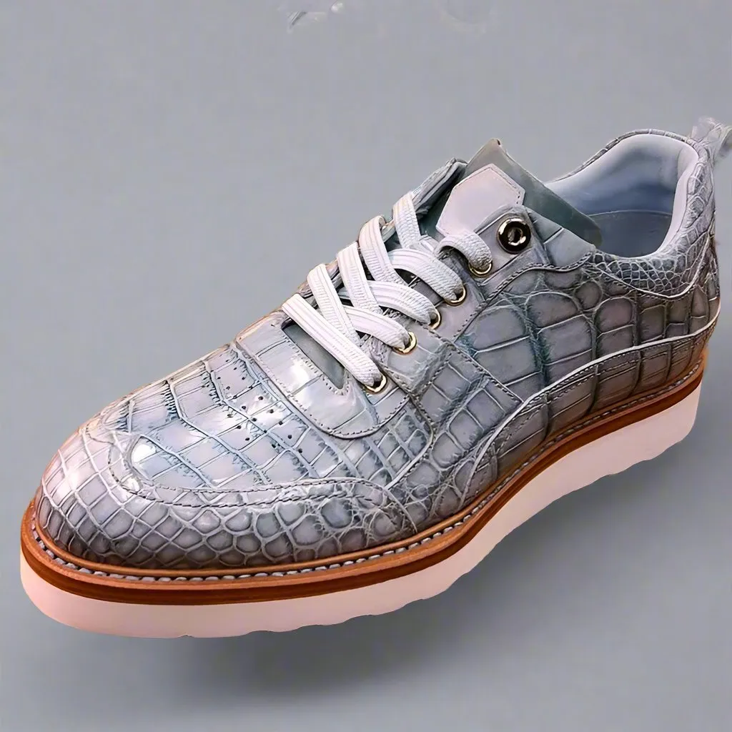 Grey Alligator Leather Low Top Lace Up Running Sneakers With White Sole - Sneaker Shoes