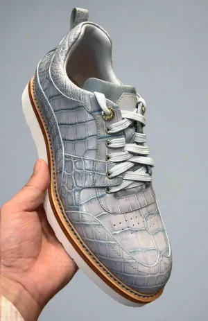Grey Alligator Leather Low Top Lace Up Running Sneakers With White Sole - Sneaker Shoes