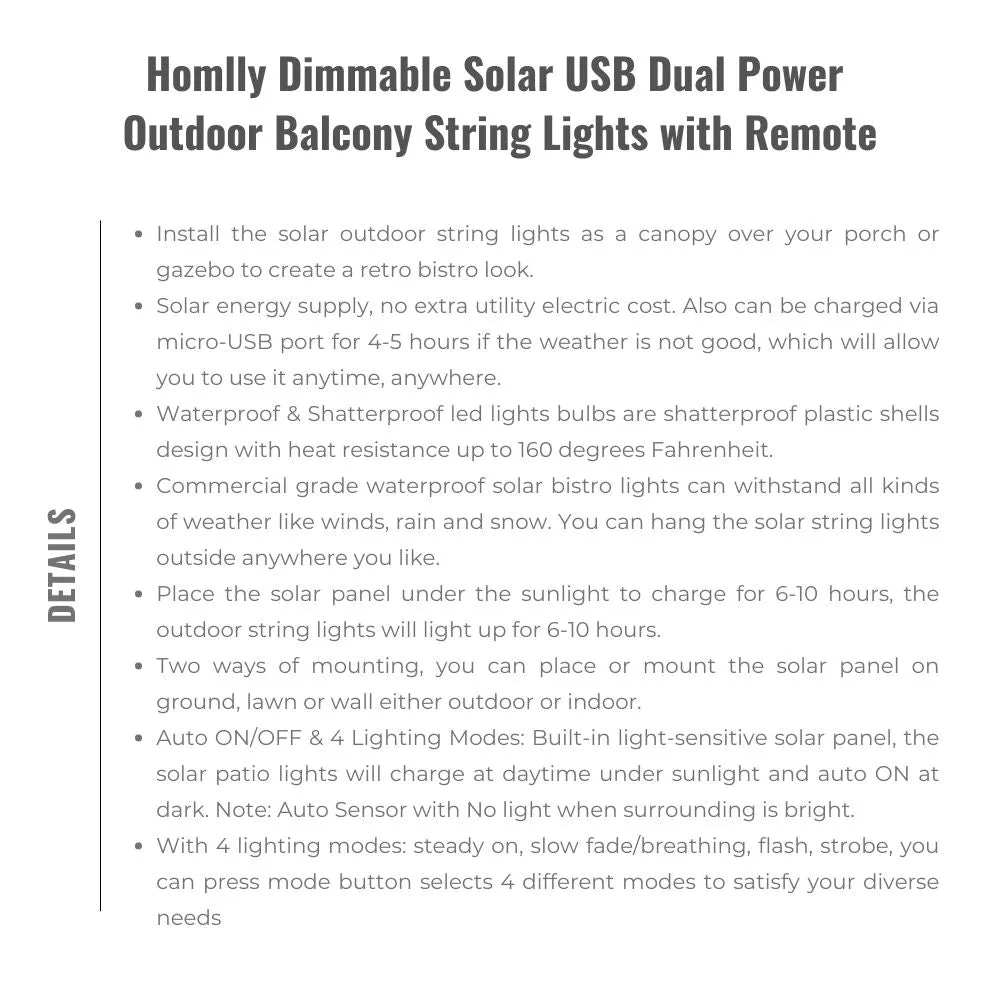 Homlly Dimmable Solar USB Dual Power Outdoor Balcony String Lights with Remote