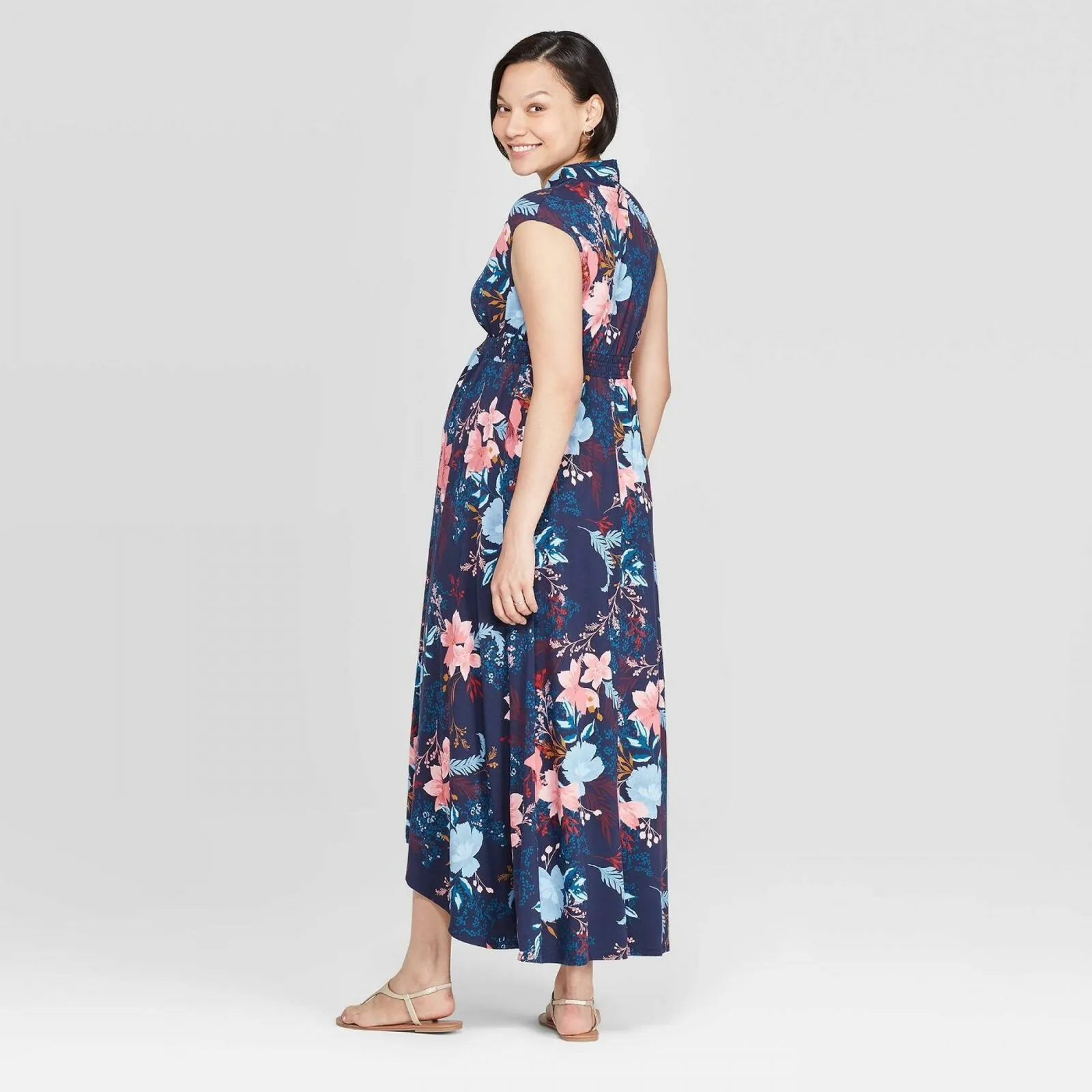 Isabel Maternity Floral Print Short Sleeve V-Neck Smocked Maxi Dress