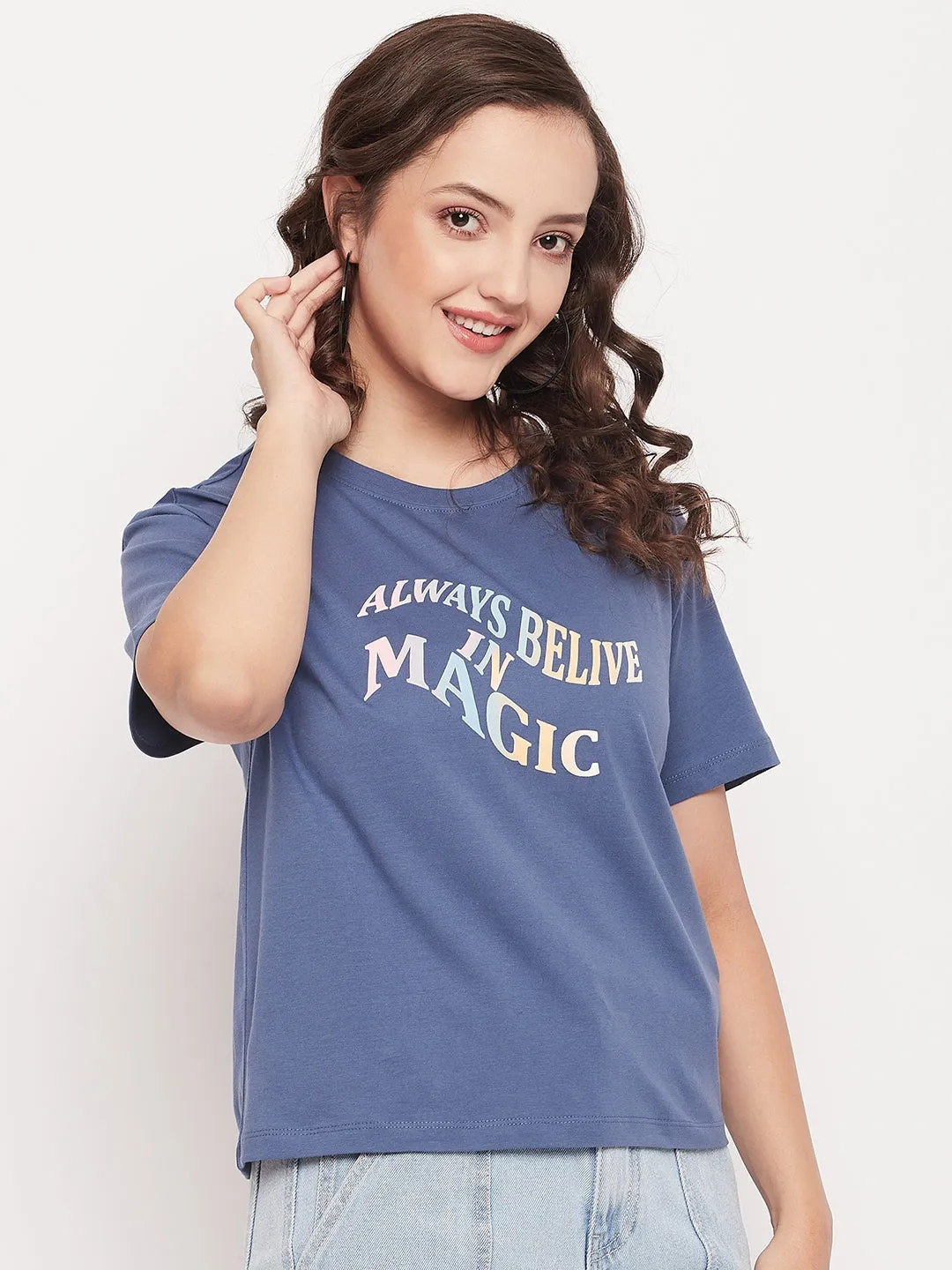 Madame Blue Round Neck  Typography Tshirt