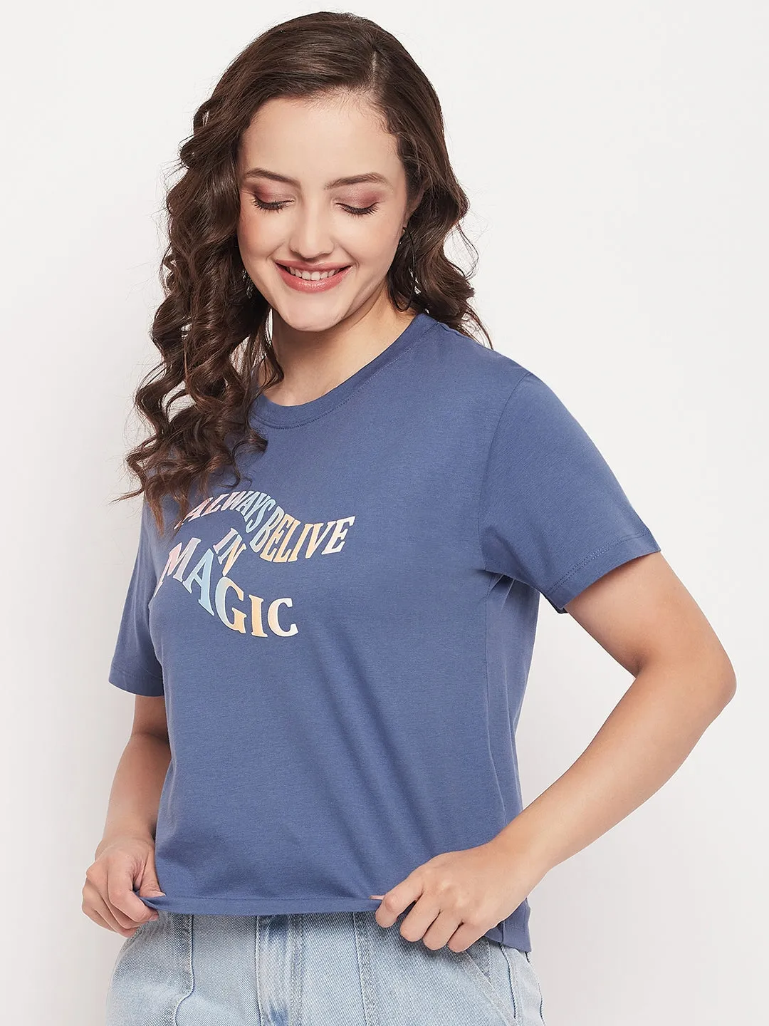 Madame Blue Round Neck  Typography Tshirt