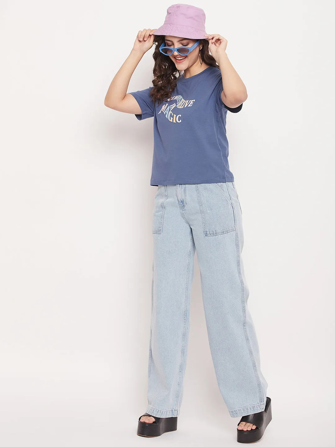 Madame Blue Round Neck  Typography Tshirt