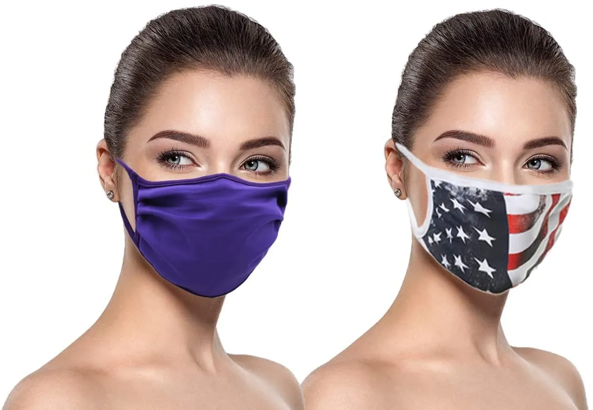 MADE IN USA (3 Purple), 1 US Flag (Made in Guatemala), Washable Reusable Anti-dust Cloth Face Mask Protection Double Layer Covering (IN STOCK 2-5 DAYS DELIVERY) - 4 Pack With Filters (30 PCS)