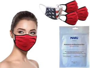 MADE IN USA (3 Red), 1 US Flag (Made in Guatemala), Washable Reusable Anti-dust Cloth Face Mask Protection Double Layer Covering (IN STOCK 2-5 DAYS DELIVERY) - 4 Pack With Filters (30 PCS)