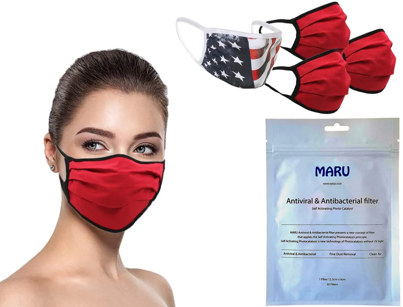 MADE IN USA (3 Red), 1 US Flag (Made in Guatemala), Washable Reusable Anti-dust Cloth Face Mask Protection Double Layer Covering (IN STOCK 2-5 DAYS DELIVERY) - 4 Pack With Filters (30 PCS)