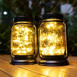 New Hanging Solar Lantern Lights 2 Pack,Vintage Mason Glass Jar Solar Lights Outdoor Decorative Waterproof Table Light for Patio Yard Lawn Tree, warm white
