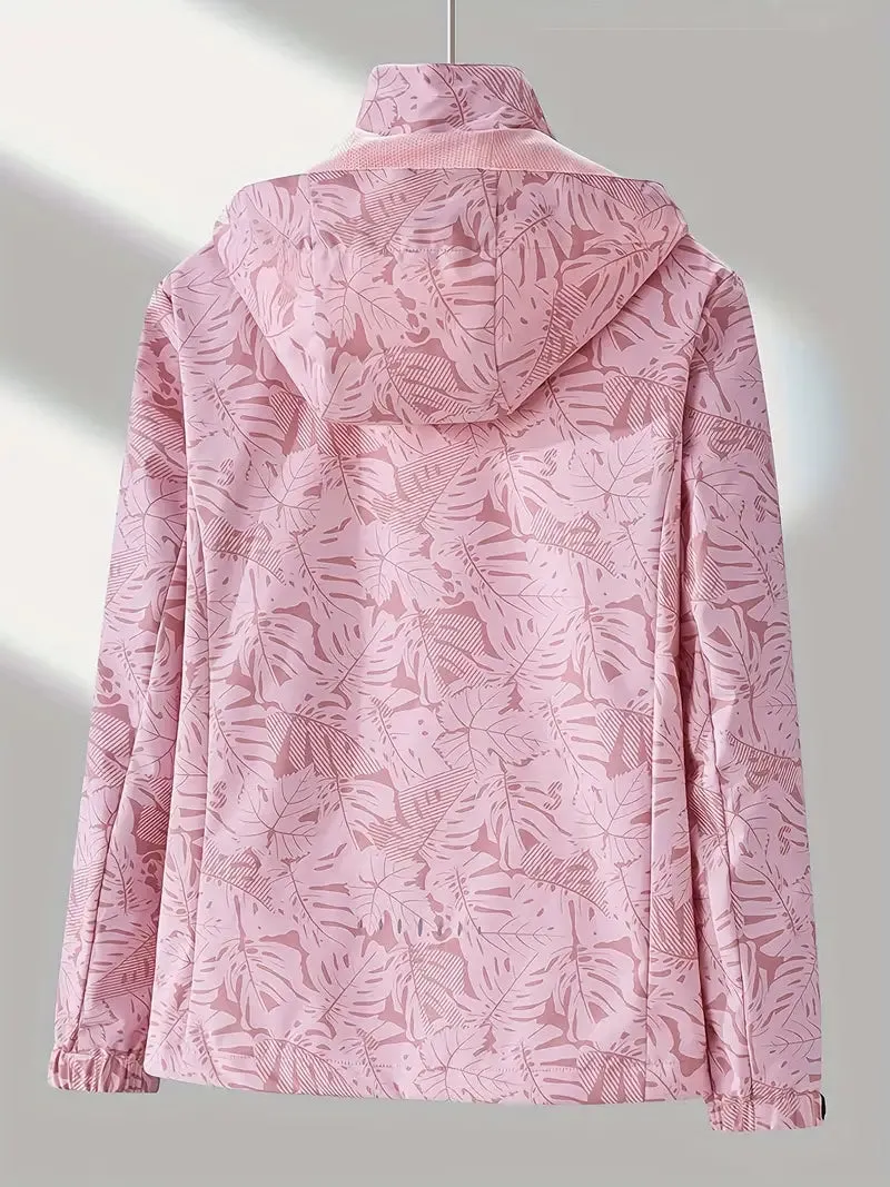 NEW Leaf Print Outdoor Jacket With Removable Hood, Women's Windproof & Rainproof Jacket, Women's Outdoor Clothing, Pink, Fits Sz M, Retails $149 