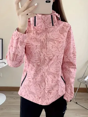 NEW Leaf Print Outdoor Jacket With Removable Hood, Women's Windproof & Rainproof Jacket, Women's Outdoor Clothing, Pink, Fits Sz M, Retails $149 