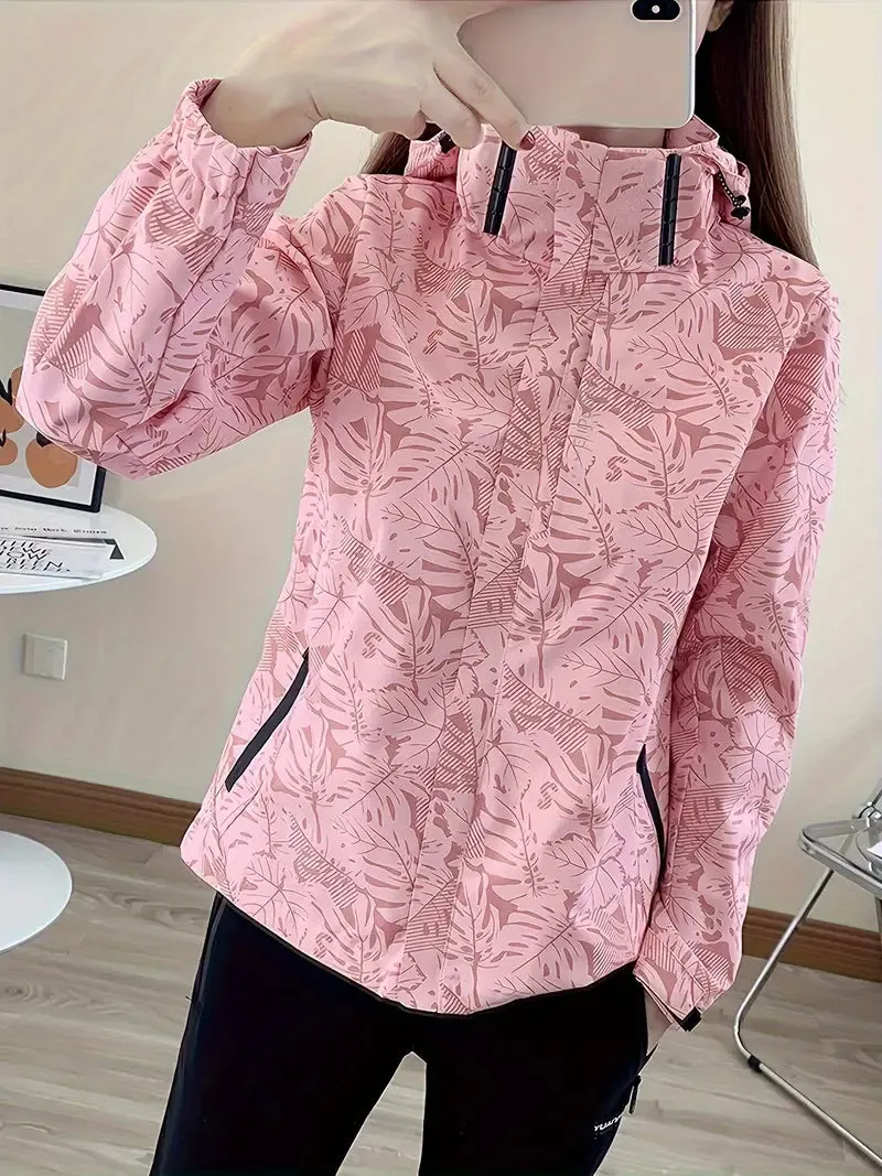 NEW Leaf Print Outdoor Jacket With Removable Hood, Women's Windproof & Rainproof Jacket, Women's Outdoor Clothing, Pink, Fits Sz M, Retails $149 